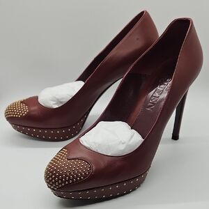 Alexander McQueen Burgundy Leather Studded Platform Pumps Sz 39